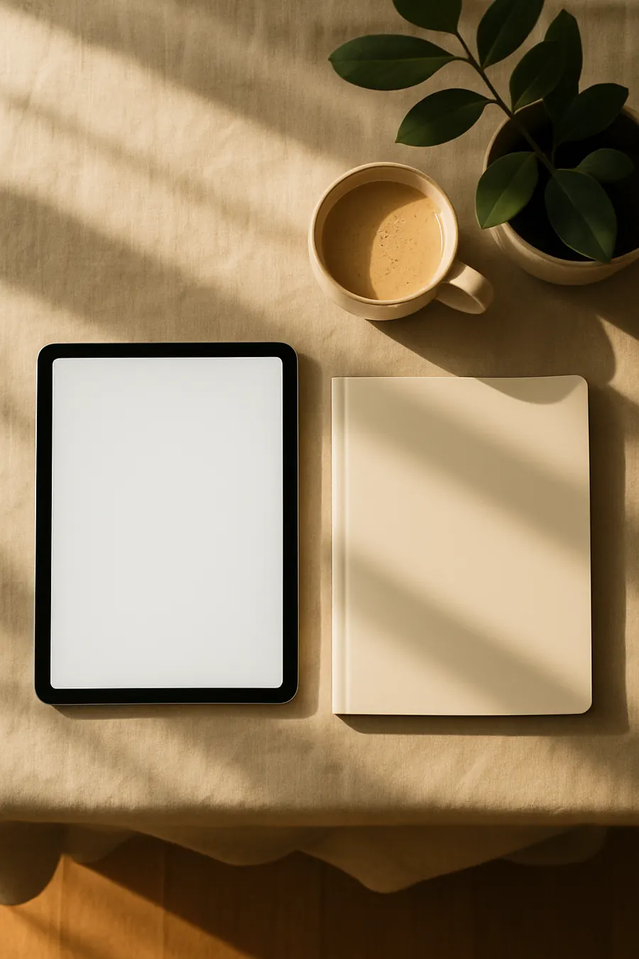 Tablet e caderno com o guia sobre a mesa